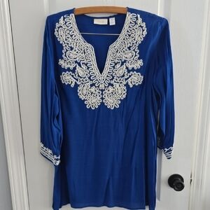 Chico's Royal Blue Tunic with White Embroidery